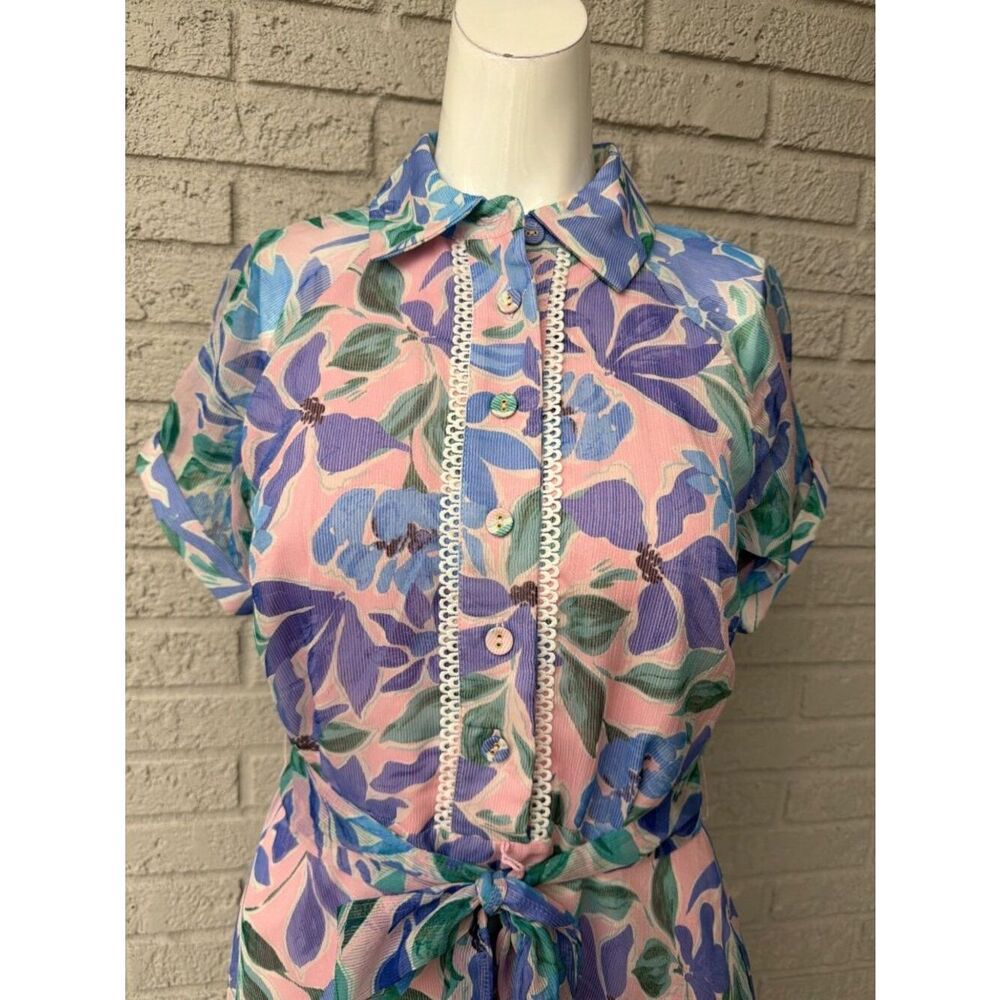 Tahari ASL Women’s Shadow-Stripe Floral Print Belted Dress Size 4 - Picture 4 of 13